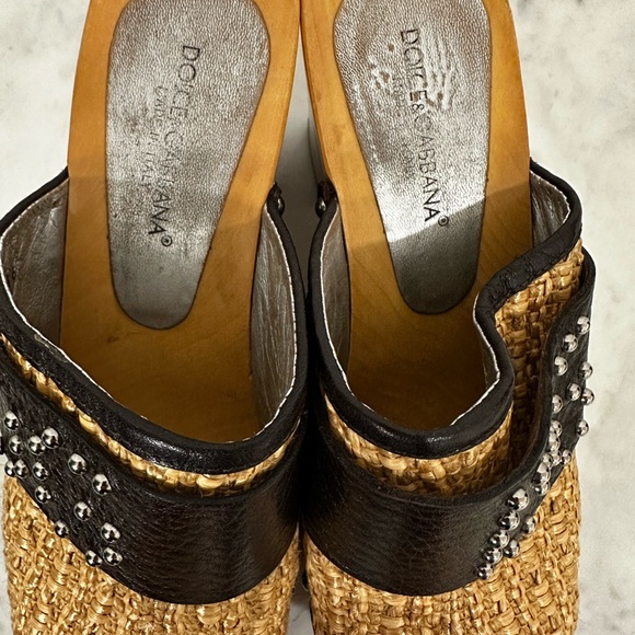 Dolce & Gabbana, VINTAGE , Rafia w/ Leather, Logo & Wood Platform Clogs, Sz  36 - Picture 11 of 13